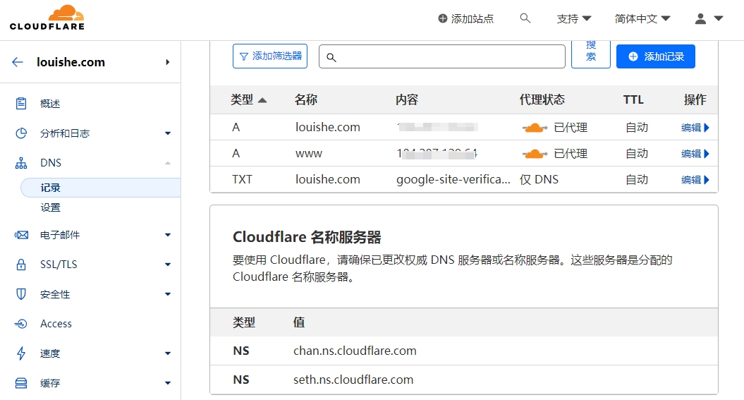 Cloudflare 提供的新域名服务器