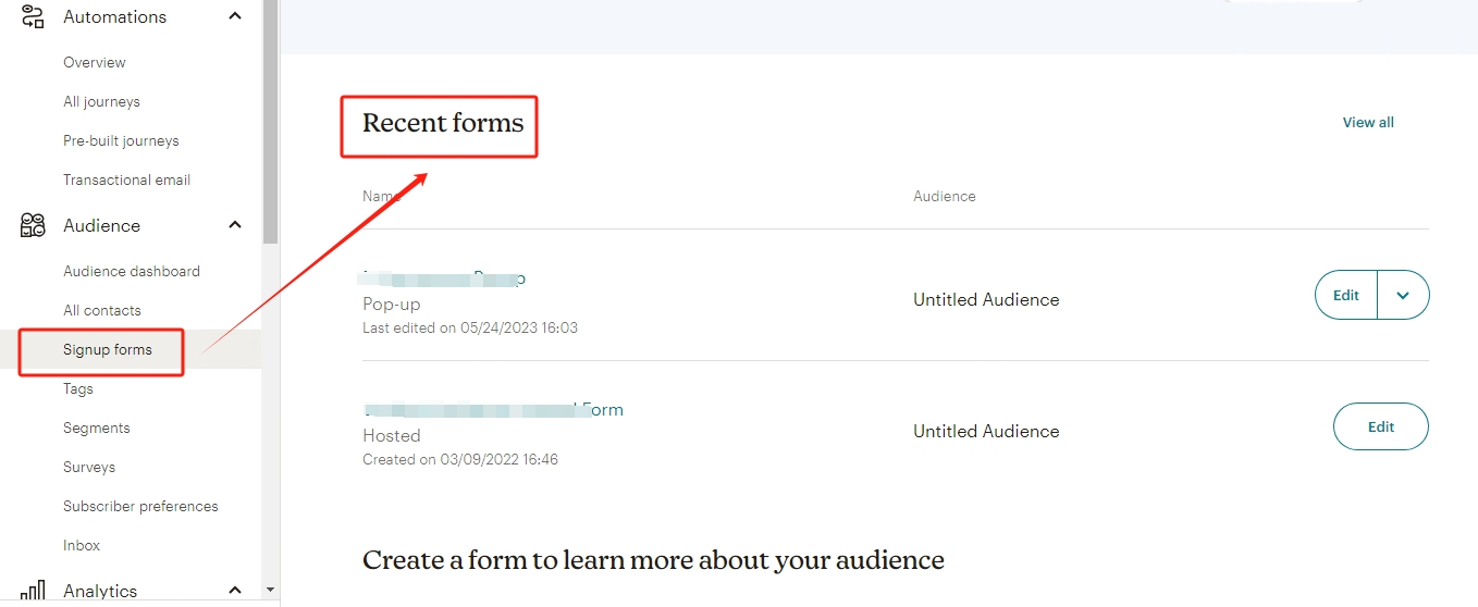 mailchimp recent forms